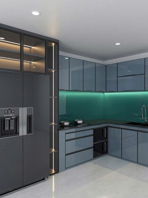 Tủ bếp hiện đại nhôm kính